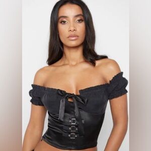 Maniere de Voir RUFFLE BUSTIER Off-Shoulder Black Satin bow Crop Top Size 2 XS